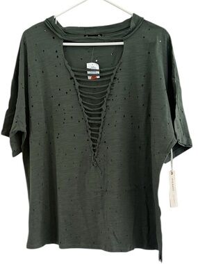 Iris Distressed Tattered Lace-Up Ladder Cutout Tee - Sage Green - Size 3XL